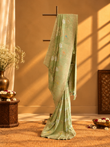 Antique Pista Sona Roopa Jangla Saree