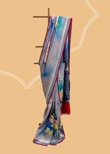 Grey-Blue Handpainted Floral Boota Saree