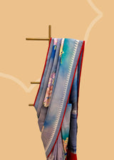 Grey-Blue Handpainted Floral Boota Saree