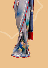Grey-Blue Handpainted Floral Boota Saree