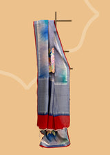 Grey-Blue Handpainted Floral Boota Saree