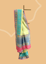 Lime Green Tussar Georgette Saree with Dual-Tone Floral Borders