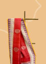 Red Tussar Saree with Purple & Ochre Accents