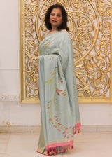 Pale Blue Floral Tussar Georgette Saree