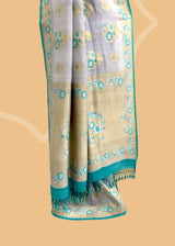 Grey & Firozi Floral Tussar Georgette Saree