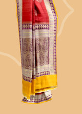 Red Tussar Saree with Purple & Ochre Accents