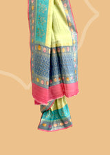 Lime Green Tussar Georgette Saree with Dual-Tone Floral Borders
