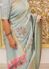 Pale Blue Floral Tussar Georgette Saree