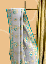 Grey & Firozi Floral Tussar Georgette Saree