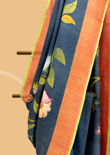 Grey Tussar Georgette Saree with Handpainted Floral Trellis