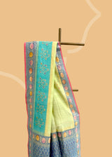 Lime Green Tussar Georgette Saree with Dual-Tone Floral Borders