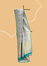 Grey & Firozi Floral Tussar Georgette Saree