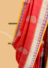 Red Tussar Saree with Purple & Ochre Accents