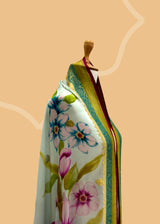 Sky Blue Floral Georgette Dupatta with Double Border