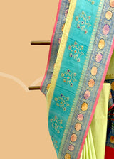 Lime Green Tussar Georgette Saree with Dual-Tone Floral Borders