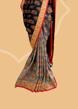 Grey-Black Ombre Tussar Georgette Saree with Burnt Orange Florals