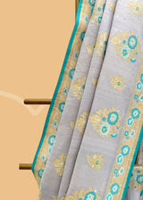 Grey & Firozi Floral Tussar Georgette Saree