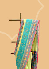 Lime Green Tussar Georgette Saree with Dual-Tone Floral Borders