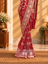 Silk ektaara jaal saree in a one of a kind kahwa jaal with meenakari detailing and an ornamental border and pallu