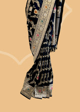 Black Floral Jangla Soft Silk Saree