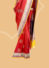Red Tussar Saree with Purple & Ochre Accents