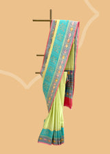 Lime Green Tussar Georgette Saree with Dual-Tone Floral Borders