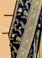 Black Floral Jangla Soft Silk Saree