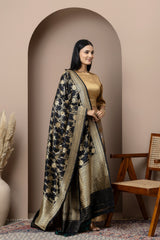 Black & Gold Floral Katan Silk Dupatta