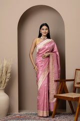 Powder Pink Silk Saree with Parrot Bootis