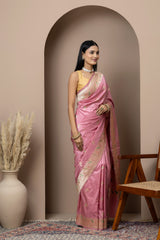 Powder Pink Silk Saree with Parrot Bootis