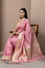 Powder Pink Silk Saree with Parrot Bootis