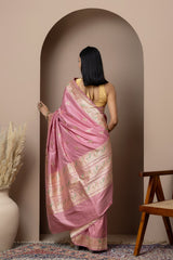 Powder Pink Silk Saree with Parrot Bootis