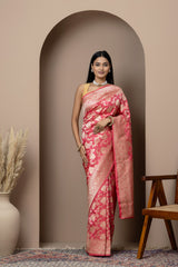 Tomato Pink Floral Silk Saree