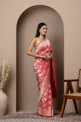 Tomato Pink Floral Silk Saree