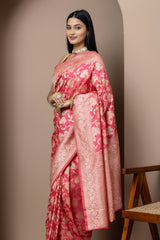 Tomato Pink Floral Silk Saree