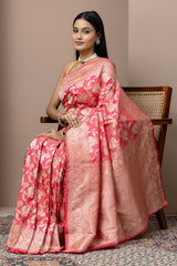 Tomato Pink Floral Silk Saree