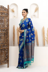 Royal Blue Tussar Georgette Saree with Firozi Meenakari
