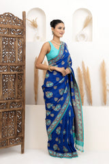 Royal Blue Tussar Georgette Saree with Firozi Meenakari