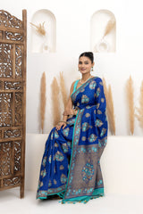 Royal Blue Tussar Georgette Saree with Firozi Meenakari
