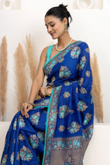 Royal Blue Tussar Georgette Saree with Firozi Meenakari