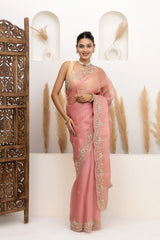 Salmon Pink Embroidered Organza Saree