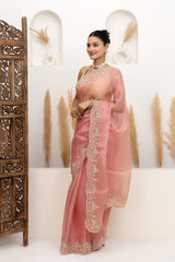 Salmon Pink Embroidered Organza Saree
