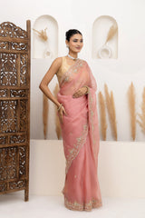 Salmon Pink Embroidered Organza Saree