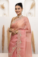 Salmon Pink Embroidered Organza Saree
