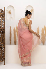Salmon Pink Embroidered Organza Saree