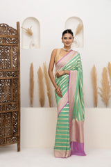 Aqua Green Zari Stripes Georgette Saree