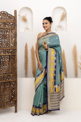 Teal Blue Organza Saree With Bootis