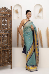 Teal Blue Organza Saree With Bootis
