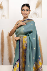 Teal Blue Organza Saree With Bootis