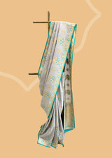 Grey & Firozi Floral Tussar Georgette Saree